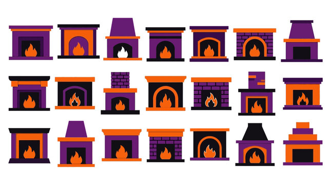 Set of various decorative fireplace icons with burning flames for interior home design elements fireplace interior