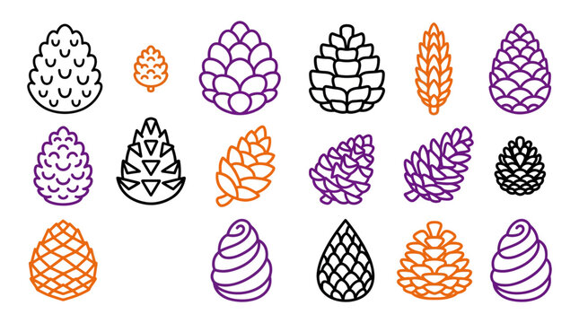 Linear outline icons of pine cones in autumn themed colors with pinecone botanical seasonal evergreen woodland