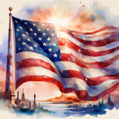 American flag waving over city skyline watercolor