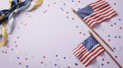 Obraz premium Labor day celebration american flags ribbons and confetti on lavender background for patriotic holiday marketing
