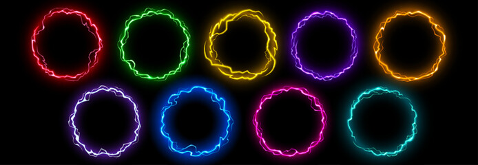 Thunder bolt circle with vibrant neon energy and electric plasma glow. Powerful lightning effect on dark with magic spark ring and abstract 3d portal frame. Dynamic thunderstorm burst design. © vectorpouch