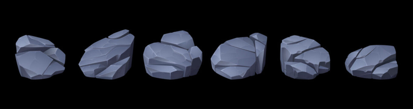 Rock formations and stone boulders in cartoon vector style. Mountain illustration with pile of rocky debris for game icons. Textured rubble blocks for garden wall design and landscape backgrounds.