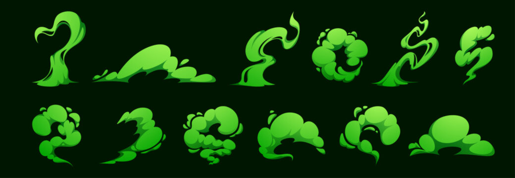 Comic smoke cloud effect with green toxic fumes and cartoon vector elements. Manga style smelly gas illustration for anime game speed visuals with cloudy magic wind dust and explosive energy.