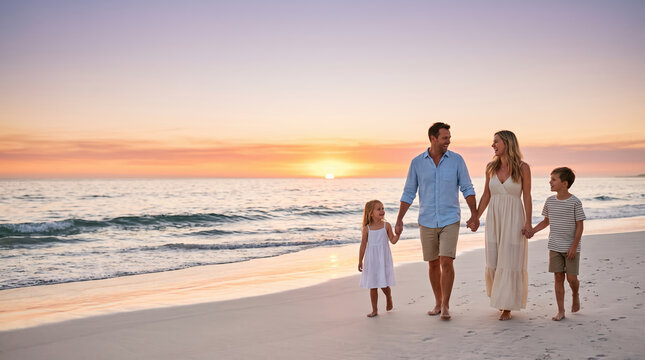 Family enjoying a summer sunset walk on the beach, creating lasting memories together