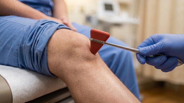 Doctor taps knee with reflex hammer during medical examination in clinic