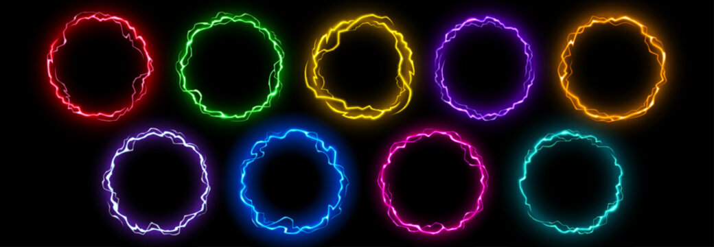 Thunder bolt circle with vibrant neon energy and electric plasma glow. Powerful lightning effect on dark with magic spark ring and abstract 3d portal frame. Dynamic thunderstorm burst design.