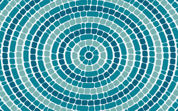 Greek pebble mosaic pattern with teal stone tiles and circular geometric design. Ancient texture background with round cobblestone shapes in blue tones for roman floor or pool decor artwork.