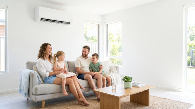 Family enjoying cool air from a modern air conditioner in a bright living room during summer heat