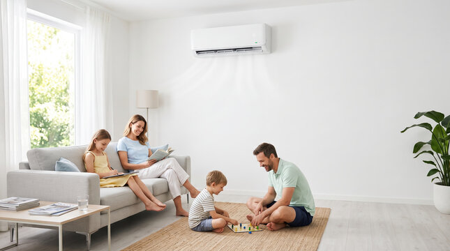 Family enjoying cool air from a modern air conditioner in a bright living room during summer heat