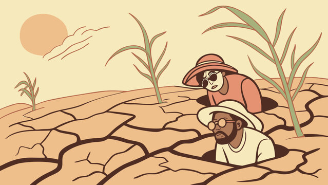 People emerging from dry cracked earth representing climate change crisis with environment landscape illustration survival shortage sustainability humanity dehydration climatology emerging