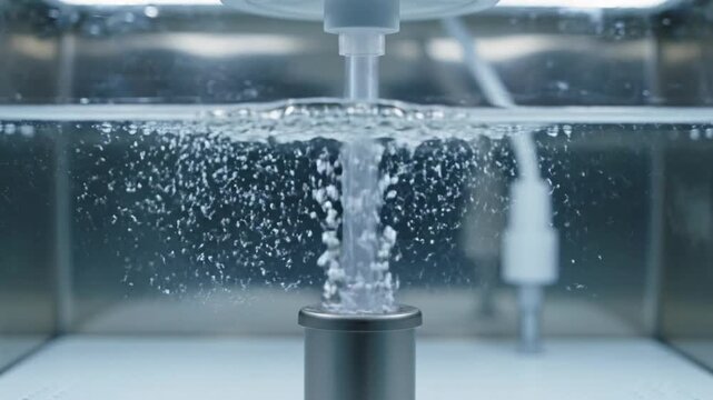 Controlled gas creating tiny rhythmic bubbles in clear fluid inside an IVF incubator