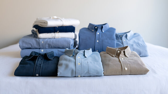 A neat display of various folded shirts in shades of blue, white, and a neutral tone, arranged on a clean white surface