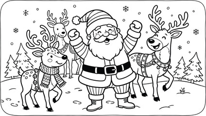 Santa claus and reindeer line drawing with belt buckle winter scene © MDMAHABUBUR