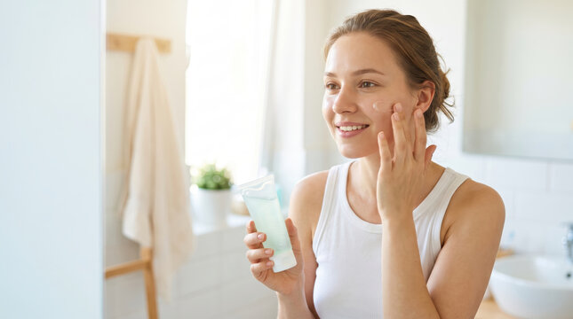 Young woman applying hydrating facial gel for summer skincare routine