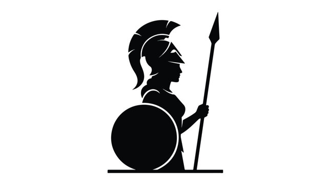 Spartan female warrior silhouette, ancient Greek goddess Athena with spear and shield, black gladiator vector icon for gym and sports branding