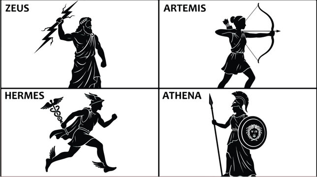 Ancient Greek Gods and Goddesses Silhouettes, Set of 4 Vector Icons featuring Zeus Artemis Hermes and Athena, Mythological Deity Character Illustrations