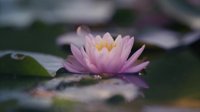 Lotus flower or water lily in the pond amongst the leaves floating on the water. shallow depth of field