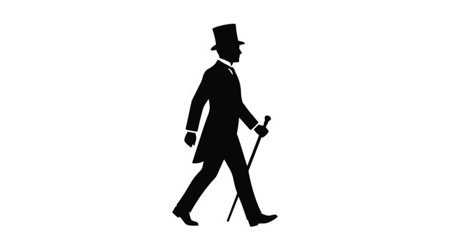 Vintage gentleman silhouette walking with top hat and cane, classic victorian man in formal suit, retro dandy figure vector illustration