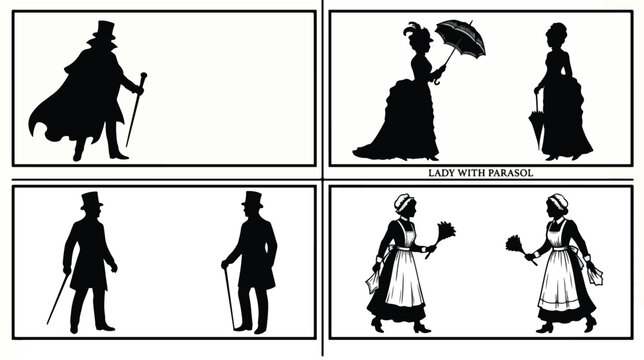 Victorian silhouette collection, vintage 19th century people silhouettes, set of 7 antique figures including lady with parasol and gentleman in top hat