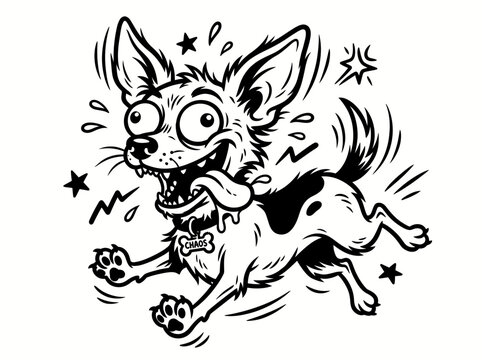 Crazy cartoon chihuahua dog running with a chaos tag