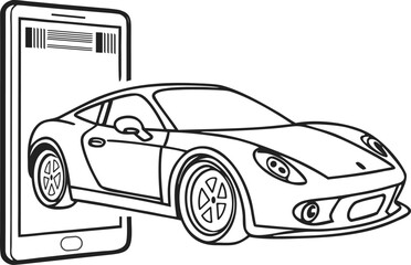 Naklejka premium Sports Car Emerging from Smartphone Vector Illustration with Mobile Technology, Virtual Car Shopping, Augmented Reality Concept, Automotive Innovation, Digital Control, and Modern Transport Design for