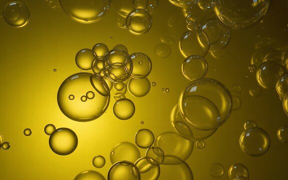 Abstract Golden Oil Bubbles Floating in Liquid Medium for Scientific Laboratory Background