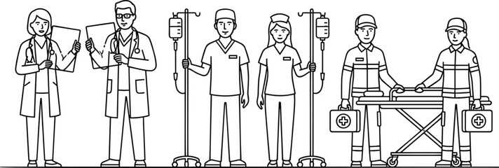 Medical staff characters set with doctors looking at x-ray nurses holding iv stands and paramedics with stretcher line art vector illustration. © Mina Begum