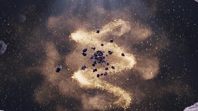 Dark spiky pathogen cell dissolving into glowing golden dust after being hit by energy beams
