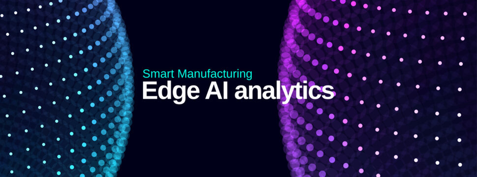 Smart manufacturing edge ai analytics abstract digital network background. Blue and purple data dots futuristic technology banner. Industry innovation cyber tech communication design.