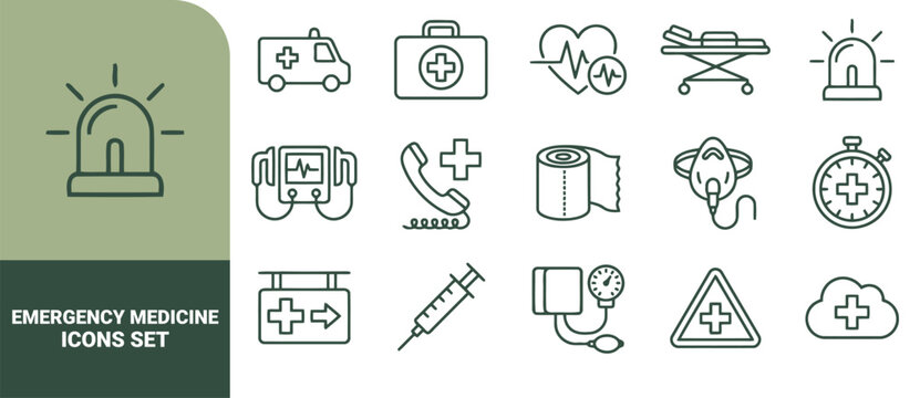 Set of dark green line emergency medicine icons featuring an ambulance, medical kit, heart monitor, stretcher, siren, oxygen mask, syringe, pressure cuff, and hospital signage