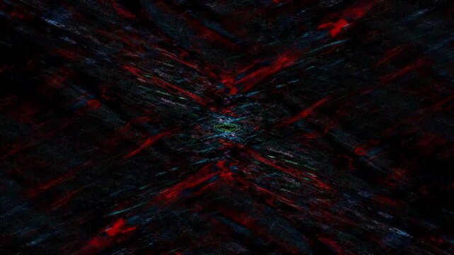 Abstract art composition shows bright colors including red, blue, and green. Dynamic shapes and patterns move and blend together