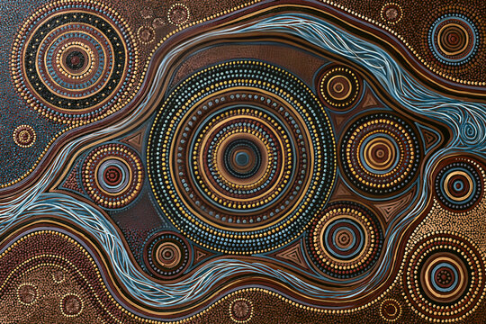 Traditional Australian Aboriginal dot art painting of a sacred waterhole and gathering place