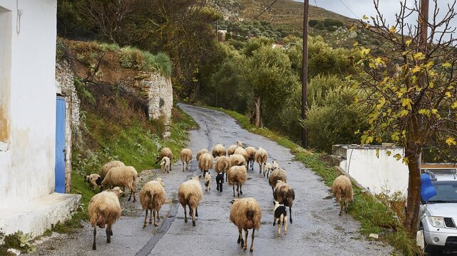 A flock of sheep moves along a country road in an autumn landscape, sheep (e) or goat (n), ovis, caprae, Crete, Greek Islands, Greece