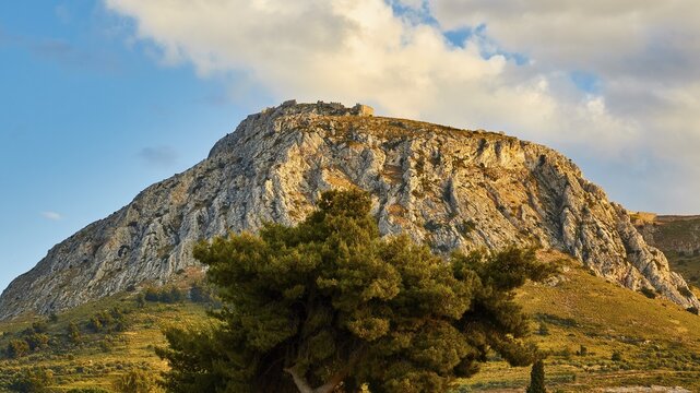A lone tree stands in front of a large mountain with an old castle in the soft evening light, Archaic Castle, Akrokorinthos, Corinth, Peloponnese, Greece