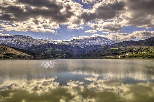 HDR, Amari Basin, winter, reservoir, Lake Potamon, clouds reflected in the lake, snow-capped mountains, Rethimnon Province, Crete, Greece