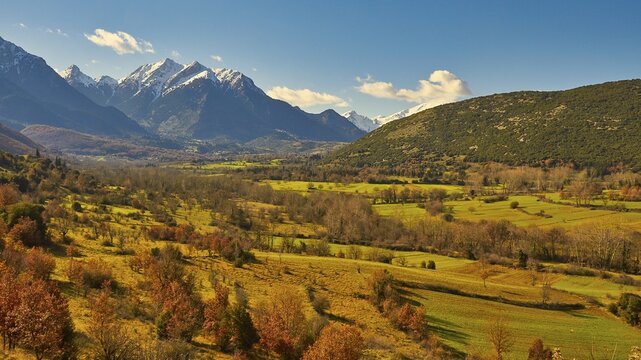 Wide valley with a mixture of yellow and green fields surrounded by mountains, autumn foliage, Erymanthos Mountains, northwest of the Peloponnese peninsula, Peloponnese, Greece