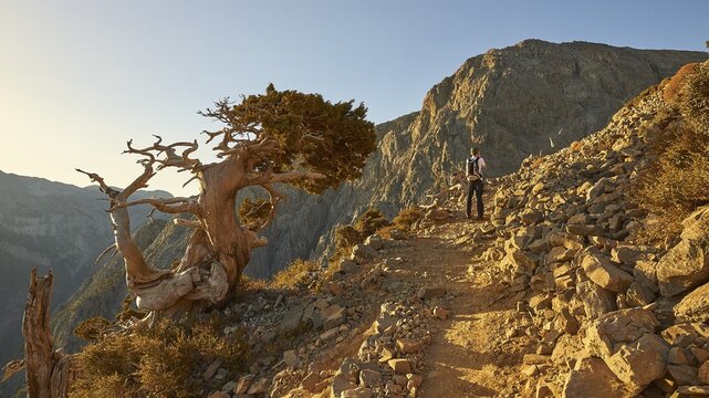Bizarre gnarled tree, narrow hiking path, hiker from behind, Gingilos, hiking on the Gingilos, morning light, cloudless blue sky, Samaria Gorge, Omalos, Lefka Ori, White Mountains, West Crete, island of Crete, Greece