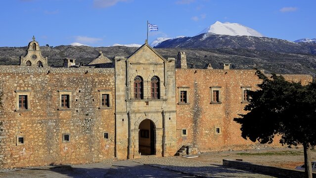 Arkadi Monastery, facade, main gate, church tower, mountain top, Psiloritis, Ida Mountains, snow-covered, Rethimnon Province, Crete, Greece