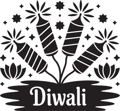 Diwali festival of lights vector illustration featuring fireworks lotus flowers and decorative stars in black silhouette