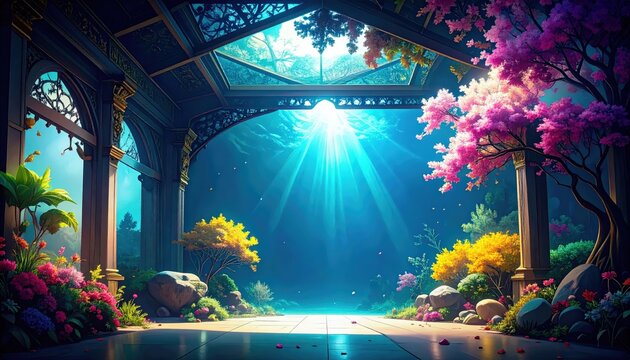 Tempio sottomarino fantasy con colonne antiche, alberi colorati e raggi di luce subacquei