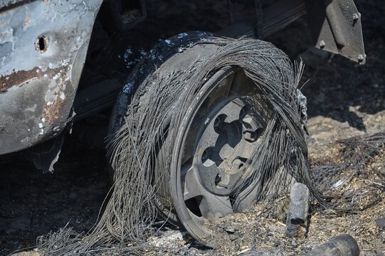 Close-up of a burnt wheel that is completely destroyed and covered in ash, forest fires, summer 2023, forest fire damage, Boutique 5 Hotel, Kiotari, Rhodes, Rhodes, Dodecanese, Greek Islands, Greece