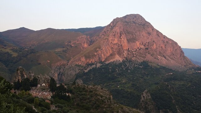 Red evening light, Mountain, Cemetery, Militello Rosmarino, Village, Nebrodi National Park, Sicily, Italy