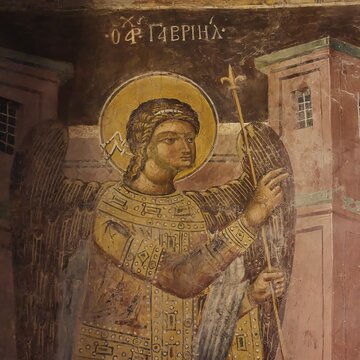 Ancient fresco of an angel with halo and rich robe, monastery, Moni Thari, near Gadouras reservoir, lonely mountain region, Rhodes, Dodecanese, Greek Islands, Greece