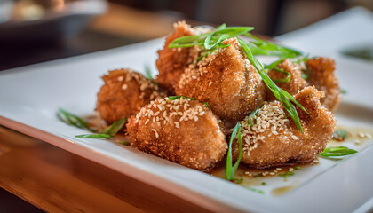 Fototapeta premium Closeup view of fried dumplings served on plate, topped with sesame seeds and green onion, showing crispy texture and plated Asian cuisine in restaurant setting