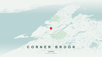 Modern minimalist vector map of Corner Brook, Newfoundland and Labrador. High-quality scalable illustration of Corner Brook geographic boundaries, Humber River shoreline networks for posters design. © AliRza