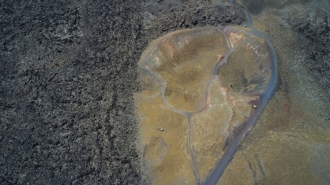 Drone shot, volcanic landscape, paths, volcanic island of Nea Kameni, caldera, Santorini Island, Cyclades, Greece