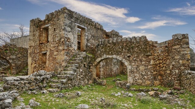 Dilapidated structure of ancient ruins under a sky with clouds, sky replaced, Aradena Gorge, Aradena, Sfakia, Crete, Greece