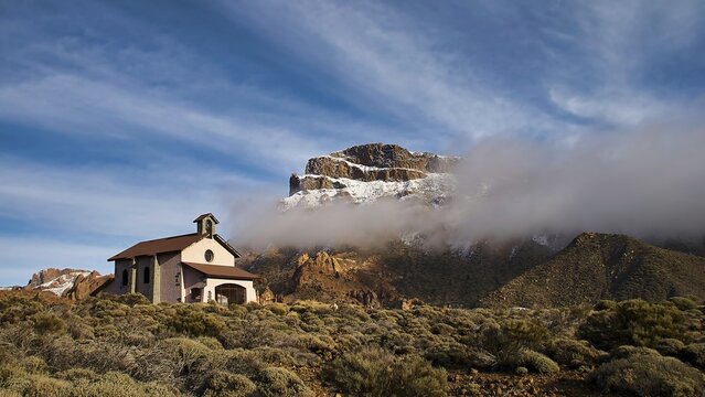 Ermita de las Nieves, church with mountain backdrop and impressive clouds, Teide, Parque Nacional del Teide, Teide National Park, volcano, volcanism, UNESCO World Heritage Site, Tenerife, Canary Islands, Spain