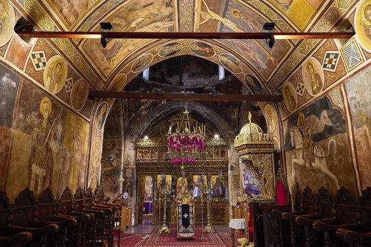 Ornamental church interior with frescoes and a magnificent iconostasis, monastery, Moni Thari, near Gadouras reservoir, lonely mountain region, Rhodes, Dodecanese, Greek Islands, Greece