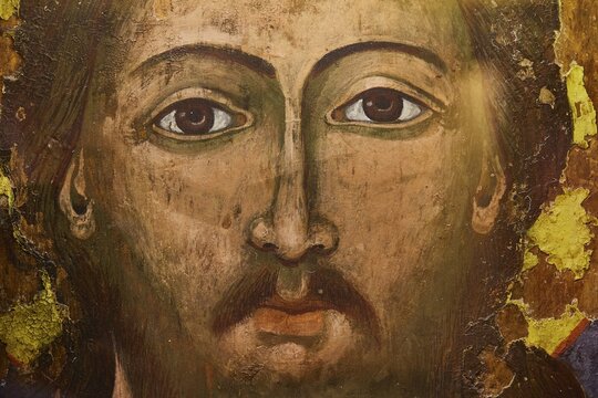 Close-up of a religious icon with the face of Jesus, Museum of Icon Painting, Monastery of Thari, Moni Thari, near Gadouras Reservoir, lonely mountain region, Rhodes, Dodecanese, Greek Islands, Greece